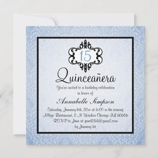 Elegantes Blue/Black Chic Damask Quinceanera Einla Einladung (Vorderseite)