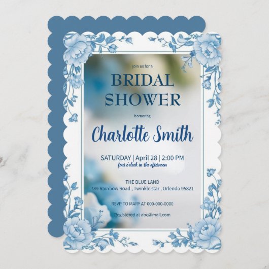 Elegantes Blue Blume Chinoiserie Brautparty Save The Date (Vorne/Hinten)