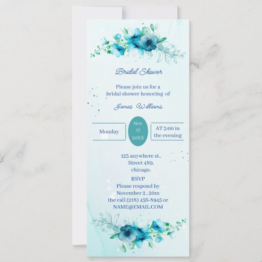 Elegantes Blue Blume Personalisiertes Brautparty Einladung (Vorderseite)