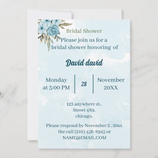 Elegantes Blue Blume Personalisiertes Brautparty Einladung (Vorderseite)