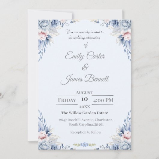 Elegantes Blue & Blush Blues Hochzeitsempfang Einladung (Vorderseite)