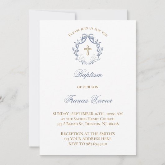 Elegantes Blue Bogen Taufe Einladung (Vorderseite)