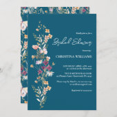 Elegantes Blue Boho Wildblumen Brautparty Einladung (Vorne/Hinten)