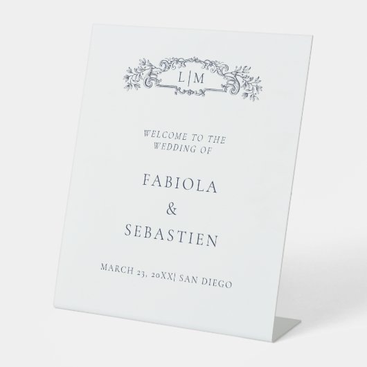 Elegantes Blue botanisches Wappen Monogramm Begrüß Sockelschild (Vorderseite)