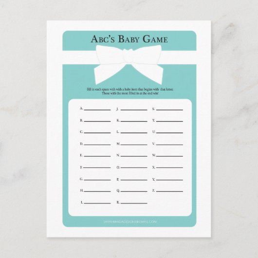 Elegantes Blue Bow ABCs Baby Shower Game Einladungspostkarte (Vorderseite)