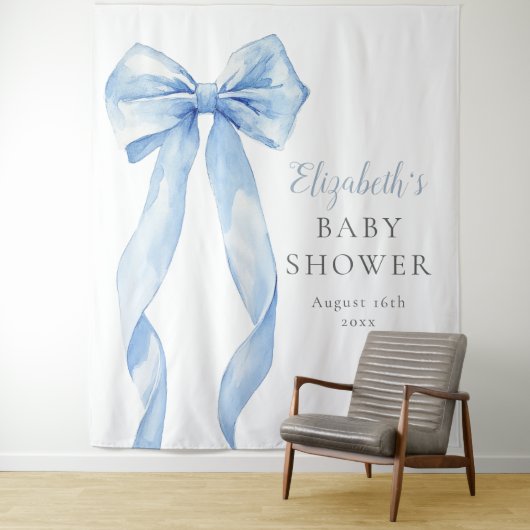 Elegantes Blue Bow Baby Shower Foto Hintergrund Wandteppich (Beispiel)