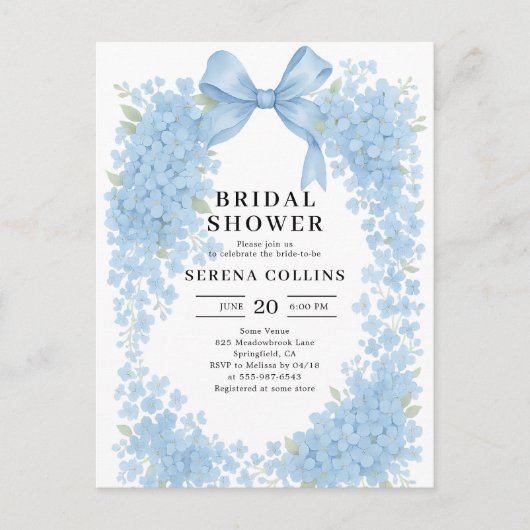 Elegantes Blue Bow Hydrangea-Brautparty Postkarte (Vorderseite)