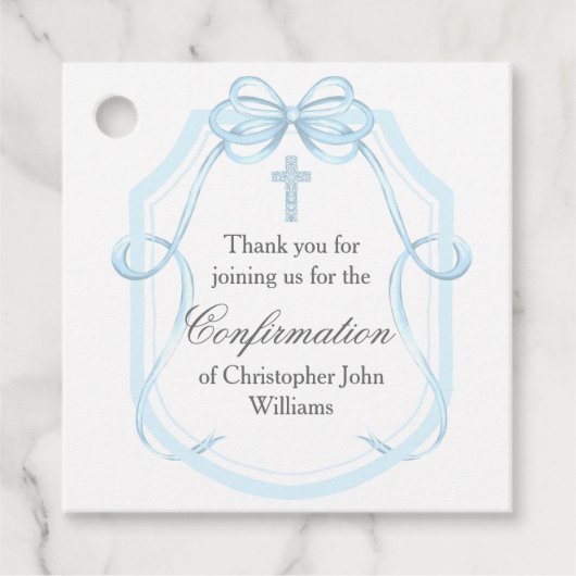 Elegantes Blue Bow Ribbon Confirmation Party Geschenkanhänger (Vorderseite)