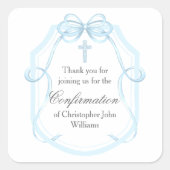 Elegantes Blue Bow Ribbon Confirmation Party Quadratischer Aufkleber (Vorderseite)