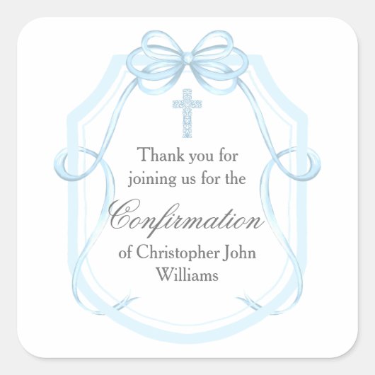 Elegantes Blue Bow Ribbon Confirmation Party Quadratischer Aufkleber (Vorderseite)