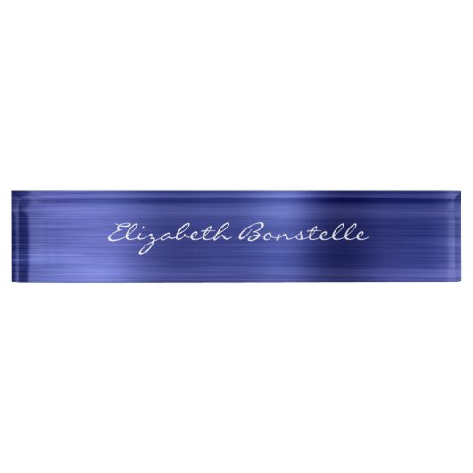 Elegantes Blue Brushed Metal Foil Handwriting Namensplakette (Vorderseite)