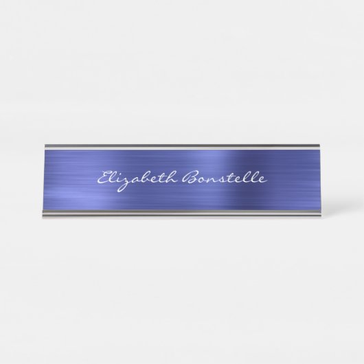 Elegantes Blue Brushed Metal Handwriting Schreibtischnamensplakette (Vorderseite )
