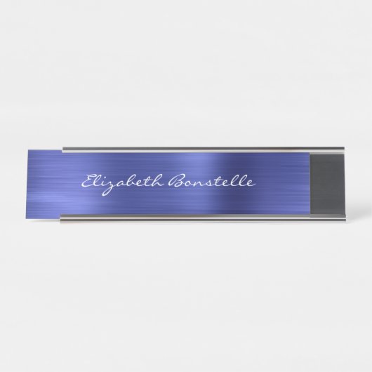 Elegantes Blue Brushed Metal Handwriting Schreibtischnamensplakette (Vorderseite )