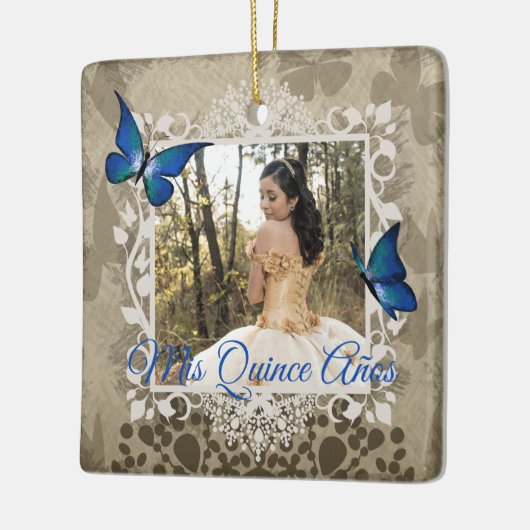 Elegantes Blue Butterfly Quinceanera Weihnachts-Fo Keramikornament (Links)