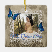 Elegantes Blue Butterfly Quinceanera Weihnachts-Fo Keramikornament (Vorderseite)