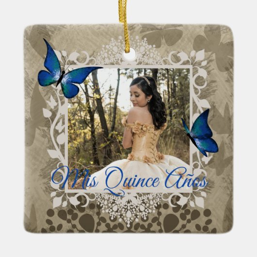 Elegantes Blue Butterfly Quinceanera Weihnachts-Fo Keramikornament (Vorderseite)
