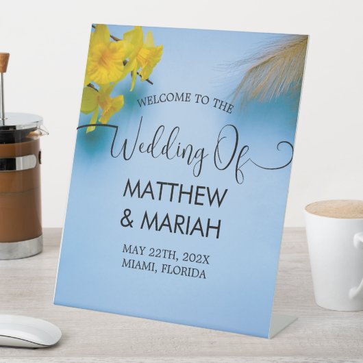 Elegantes Blue Calligraphy Foto Wedding Willkommen Sockelschild (In Situ)