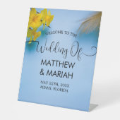 Elegantes Blue Calligraphy Foto Wedding Willkommen Sockelschild (Vorderseite)