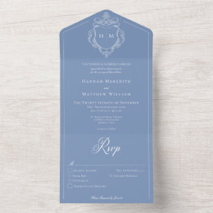 Elegantes Blue Chinoiserie Bird Wappen Hochzeit All In One Einladung