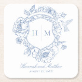 Elegantes Blue Chinoiserie Bird Wappen Hochzeit Rechteckiger Pappuntersetzer (Vorderseite)