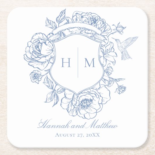 Elegantes Blue Chinoiserie Bird Wappen Hochzeit Rechteckiger Pappuntersetzer (Vorderseite)