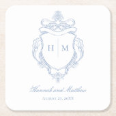 Elegantes Blue Chinoiserie Bird Wappen Hochzeit Rechteckiger Pappuntersetzer (Vorderseite)