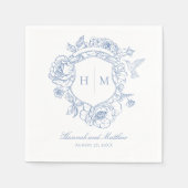 Elegantes Blue Chinoiserie Bird Wappen Hochzeit Serviette (Vorderseite)