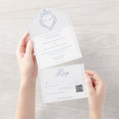 Elegantes Blue Chinoiserie Bird Wappen Wedding QR All In One Einladung (Abreißen)