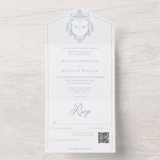 Elegantes Blue Chinoiserie Bird Wappen Wedding QR All In One Einladung (Innen Boden)