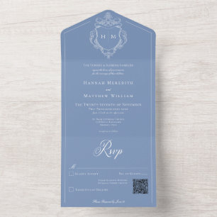 Elegantes Blue Chinoiserie Bird Wappen Wedding QR All In One Einladung