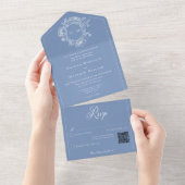 Elegantes Blue Chinoiserie Bird Wappen Wedding QR All In One Einladung (Abreißen)