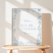 Elegantes Blue Chinoiserie Brautparty Gästebuch Sockelschild