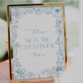 Elegantes Blue Chinoiserie Brautparty Gästebuch Sockelschild