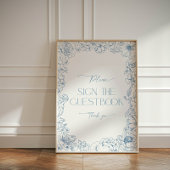 Elegantes Blue Chinoiserie Brautparty Gästebuch Sockelschild