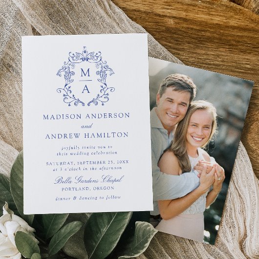 Elegantes Blue Chinoiserie Foto Hochzeit Einladung