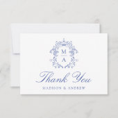 Elegantes Blue Chinoiserie Monogram Wappen Wedding Dankeskarte (Vorderseite)