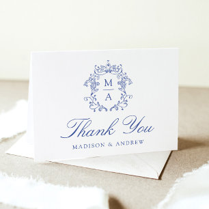 Elegantes Blue Chinoiserie Monogram Wappen Wedding Dankeskarte