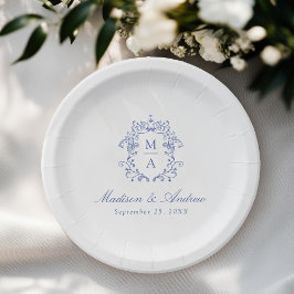 Elegantes Blue Chinoiserie Monogram Wappen Wedding Pappteller