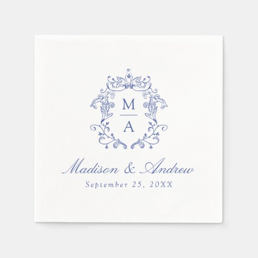 Elegantes Blue Chinoiserie Monogram Wappen Wedding Serviette (Vorderseite)