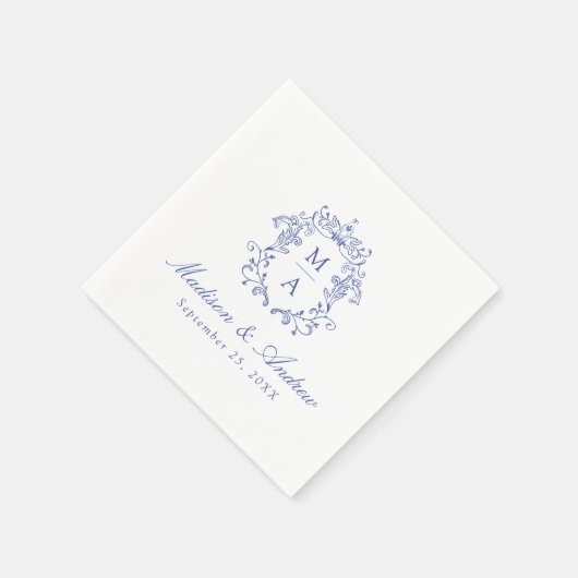 Elegantes Blue Chinoiserie Monogram Wappen Wedding Serviette (Ecke)