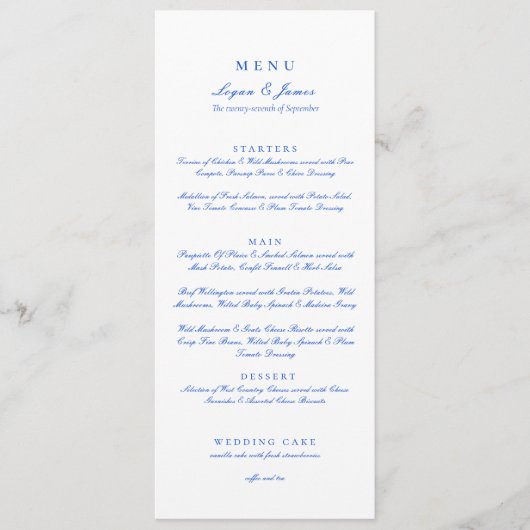 Elegantes Blue Chinoiserie Script Wedding Menu Menükarte (Vorderseite)