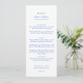 Elegantes Blue Chinoiserie Script Wedding Menu Menükarte (Stehend Vorderseite)