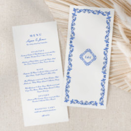 Elegantes Blue Chinoiserie Script Wedding Menu Menükarte