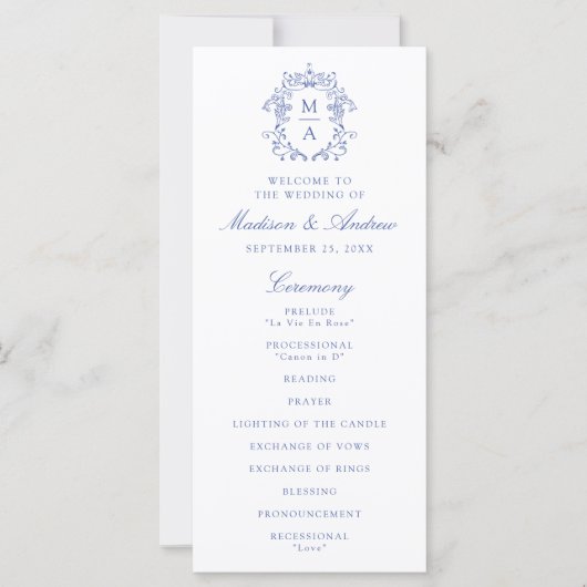 Elegantes Blue Chinoiserie Wappen Hochzeitsprogram (Vorderseite)