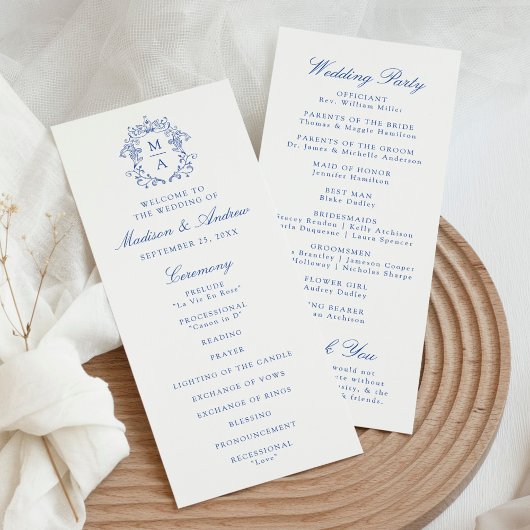 Elegantes Blue Chinoiserie Wappen Hochzeitsprogram