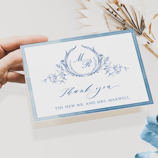 Elegantes Blue Classic Monogramm, Wasserfarbensehe Dankeskarte