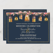 Elegantes Blue Coral Floral Foto Hochzeit Einladung (Vorne/Hinten)