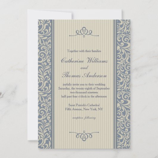 Elegantes Blue Damask Muster Einladung Hochzeit (Vorderseite)