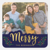 Elegantes Blue Festive Foliage Merry Holiday Foto Quadratischer Aufkleber (Vorderseite)