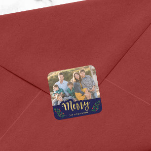 Elegantes Blue Festive Foliage Merry Holiday Foto Quadratischer Aufkleber